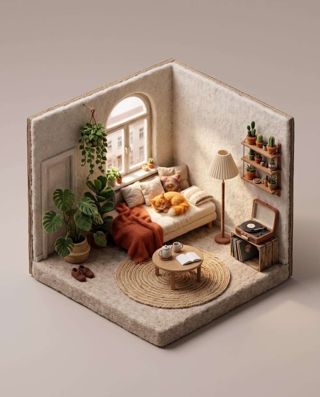 A plant-filled studio in felt, with the cat, a real run on Leap