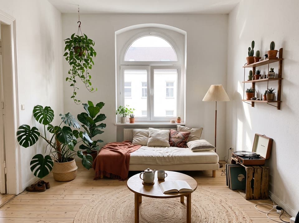 The photo a plant-filled studio in felt, with the cat started from