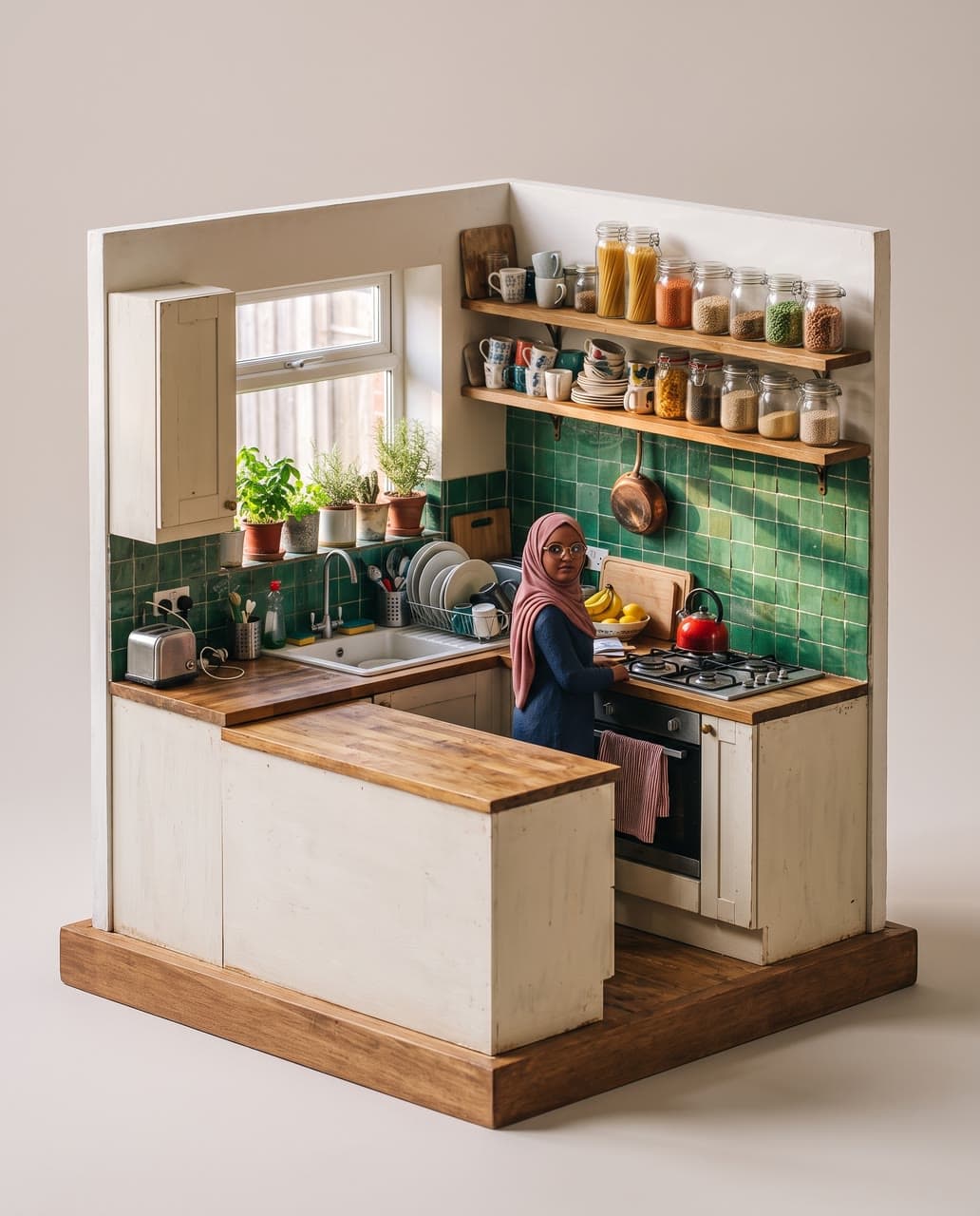 A green-tiled kitchen as a scale model, a real run on Leap