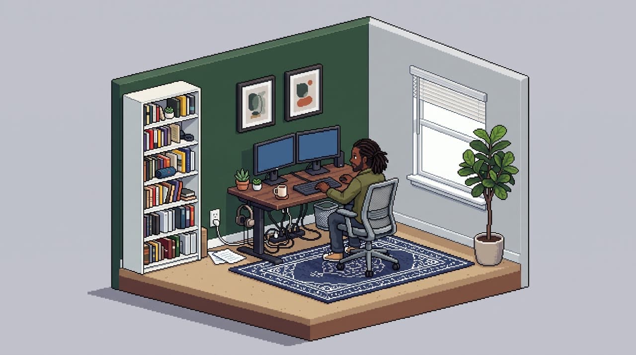 A home office in pixel art, a real run on Leap