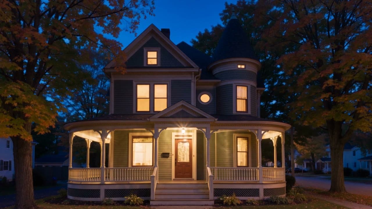 A Victorian in autumn, lights on at dusk, a real run on Leap