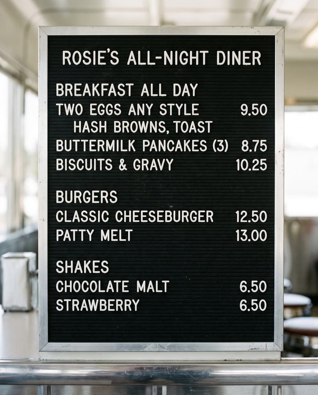 Rosie's All-Night Diner, a letter board, a real run on Leap