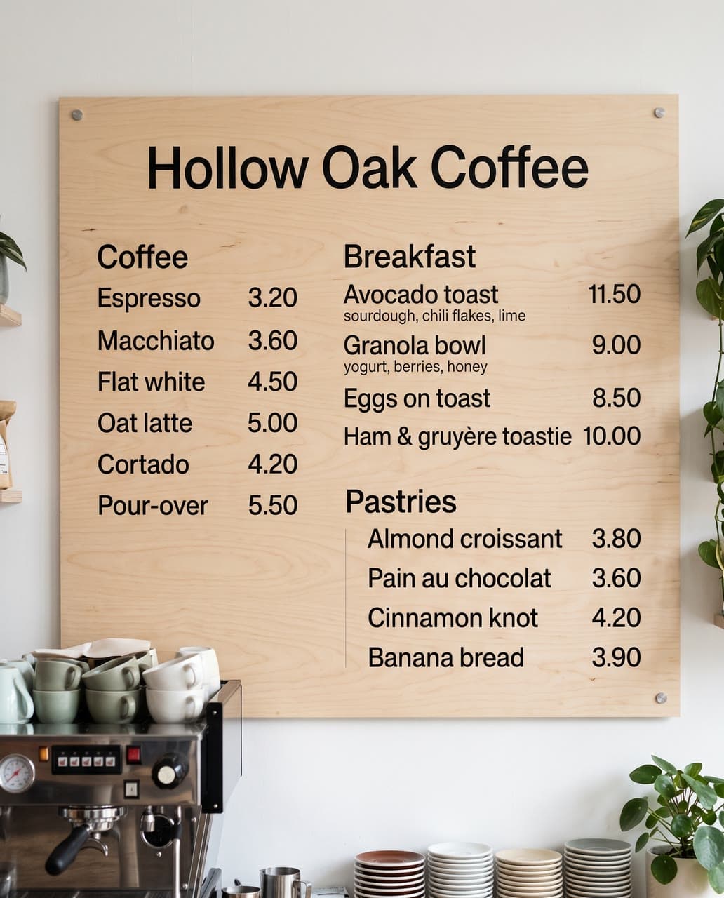 Hollow Oak Coffee, on a plywood board, a real run on Leap