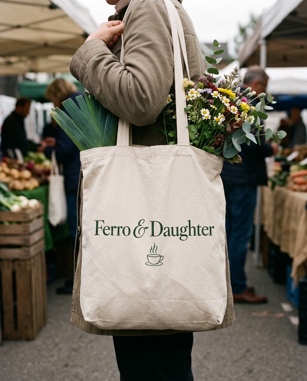 A café wordmark on a market tote, a real run on Leap