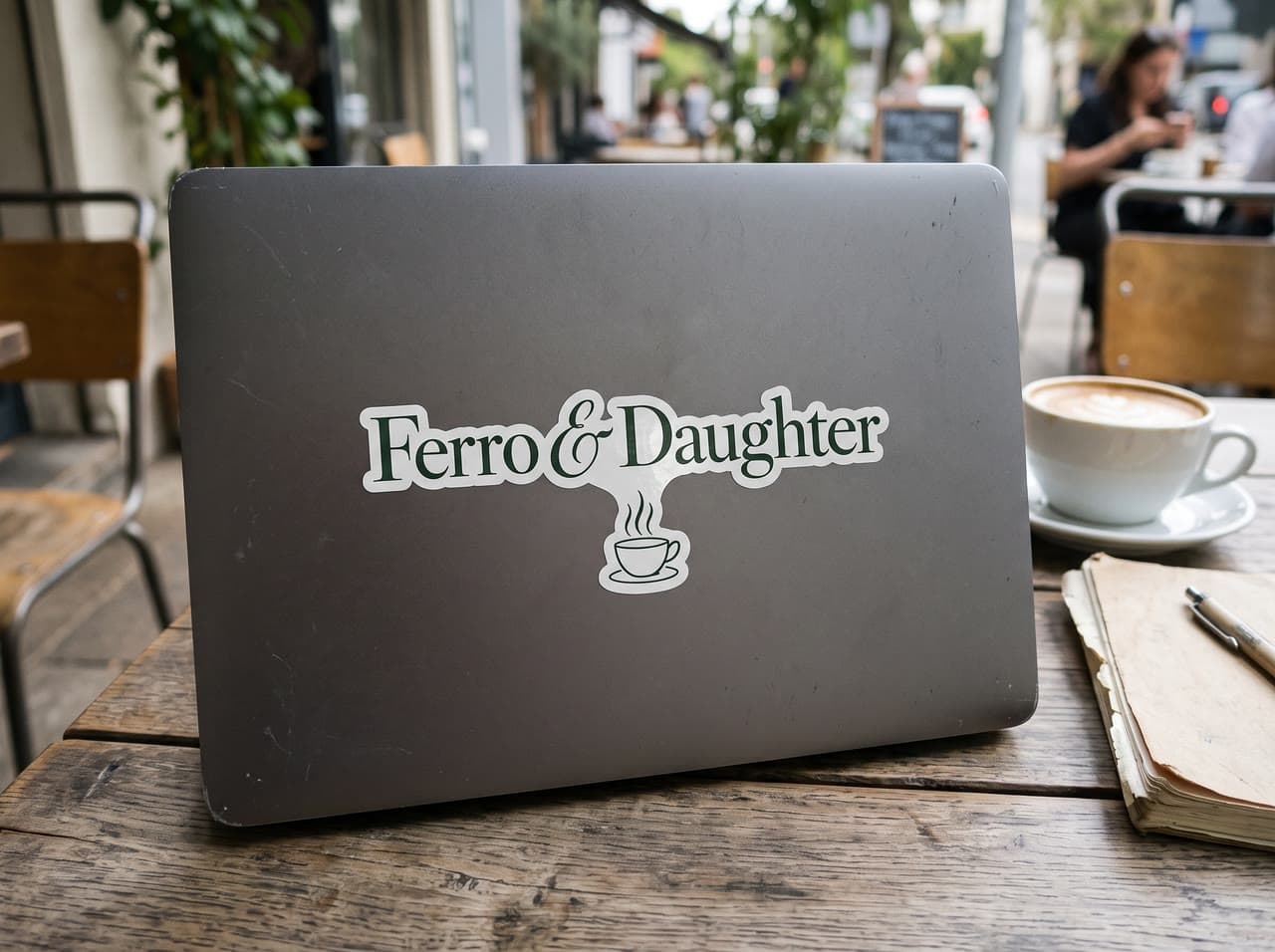 A café wordmark as a laptop sticker, a real run on Leap