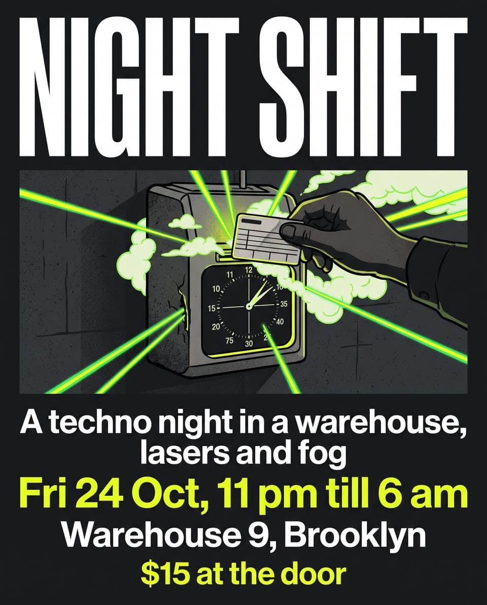 The photo night shift, a club poster with pulsing lasers started from