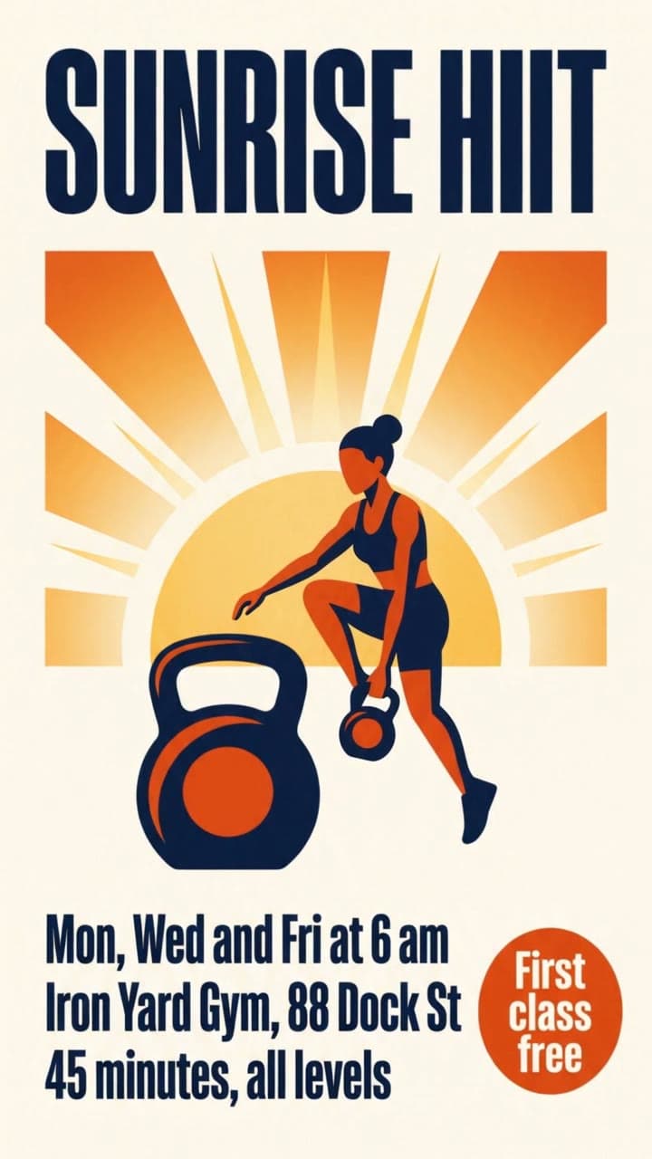 Sunrise HIIT, a gym poster with a kettlebell swing, a real run on Leap