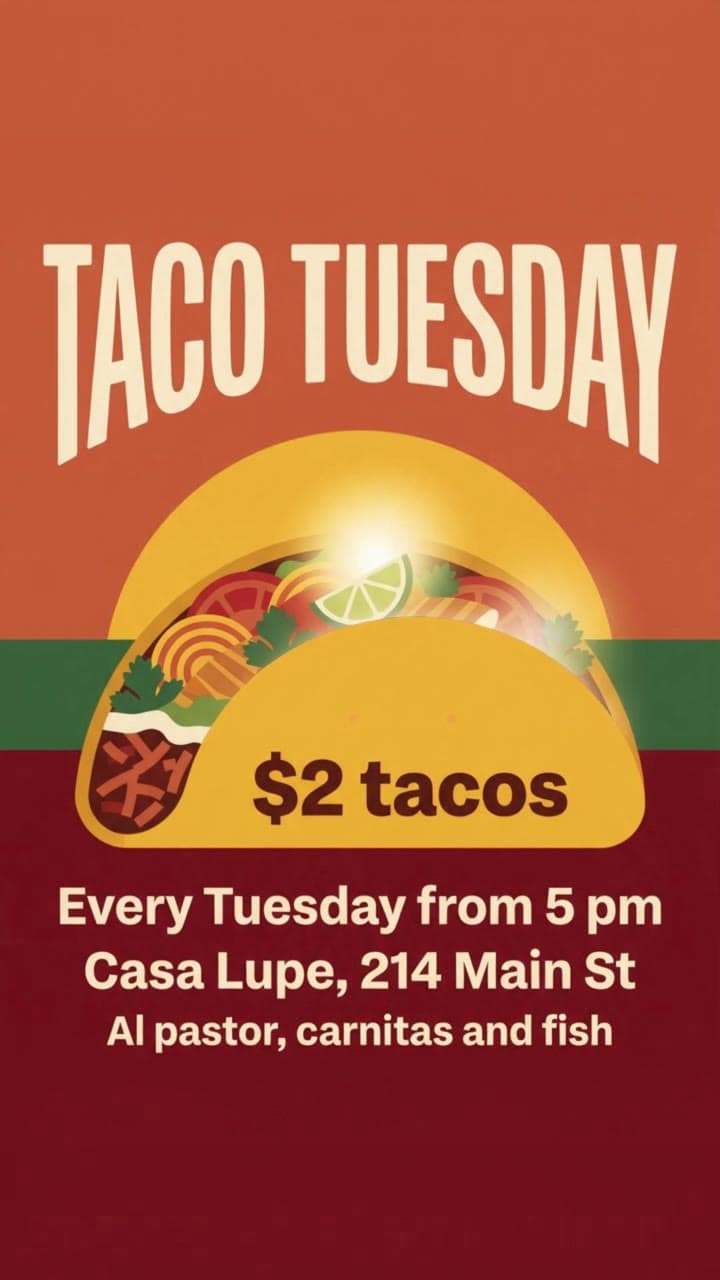 Taco Tuesday, a taco night flyer with light glinting on the filling, a real run on Leap