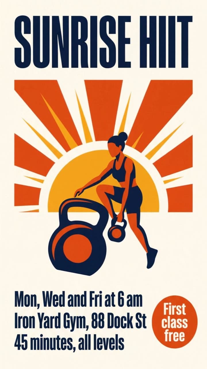 Sunrise HIIT, a gym poster with turning sun rays, a real run on Leap