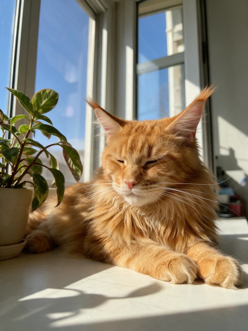 The photo portrait of an orange king disregarding a houseplant started from
