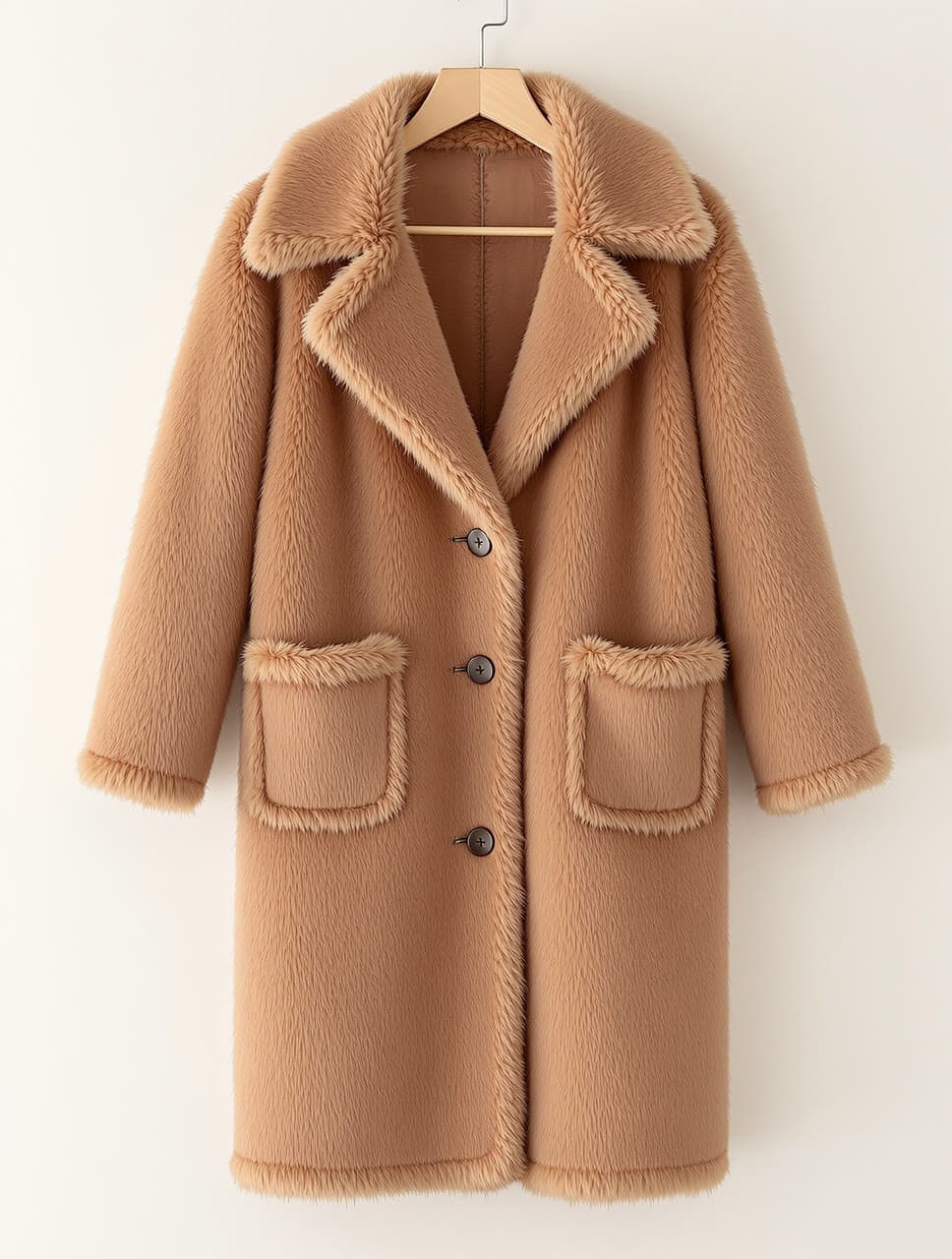 The clothes her outfit check, now in a long camel fur coat started from