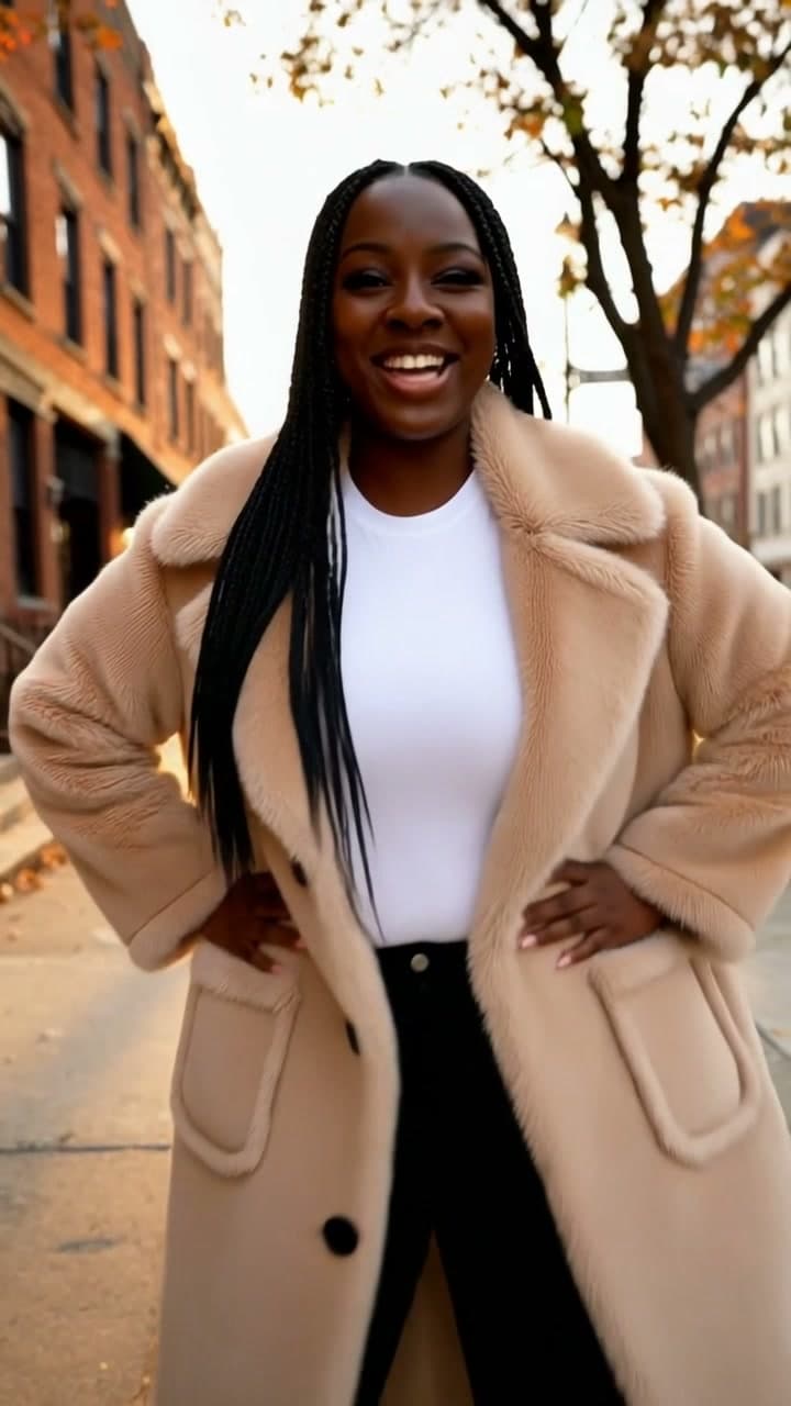 Her outfit check, now in a long camel fur coat, a real run on Leap