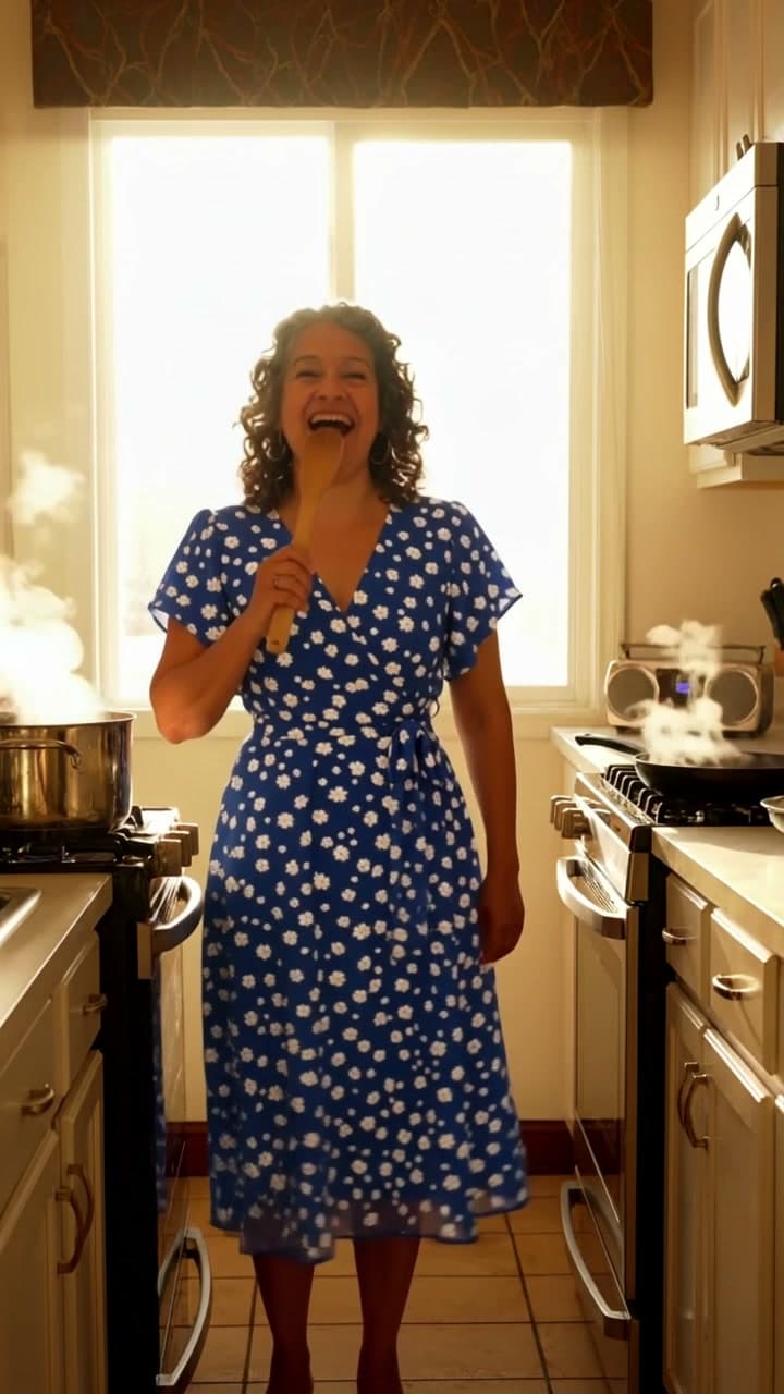 A kitchen spin in a blue daisy wrap dress, a real run on Leap