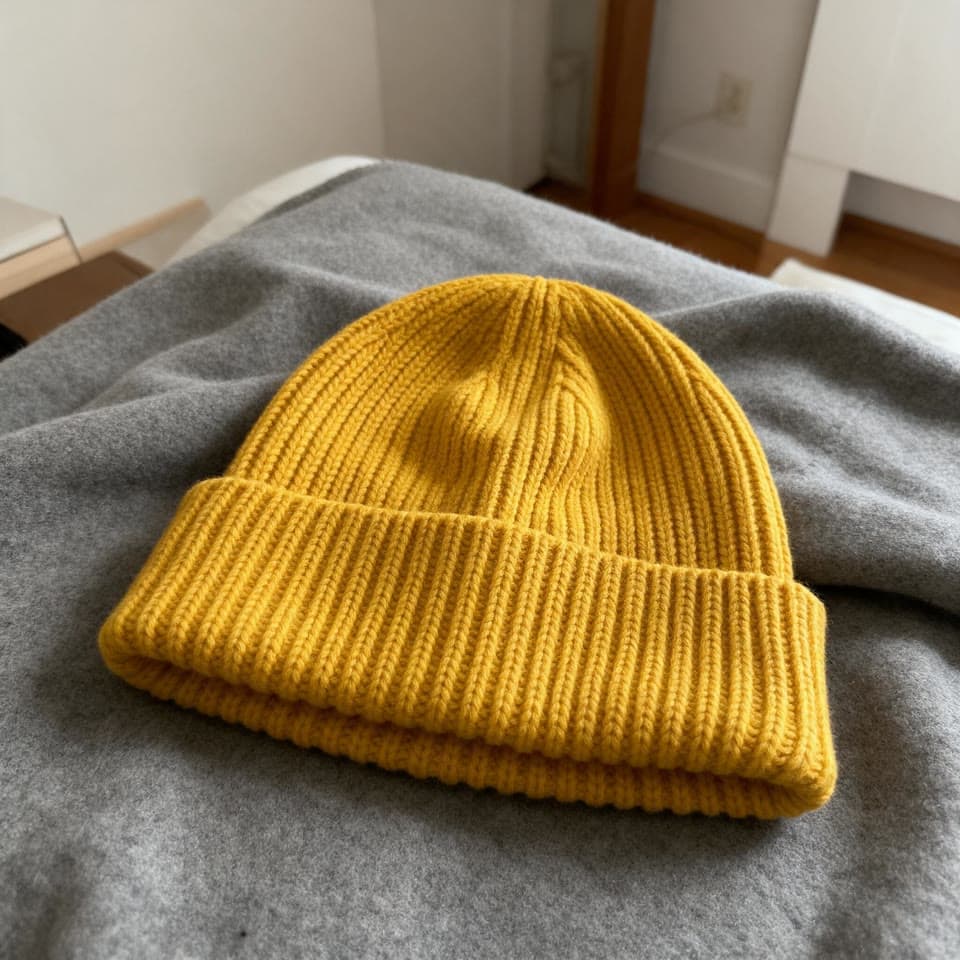 The photo mustard beanie floating on graphite started from