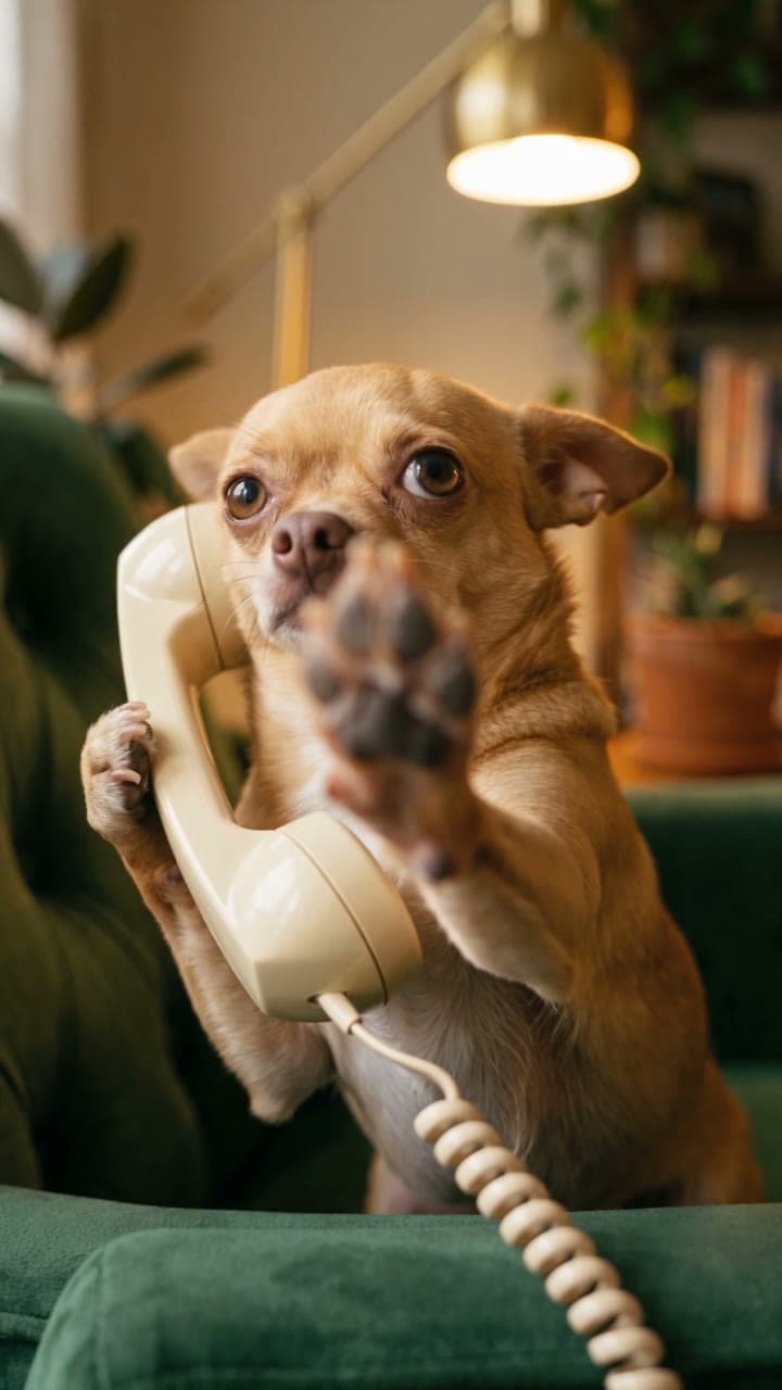 A chihuahua on the phone puts a paw up: hold on, a real run on Leap