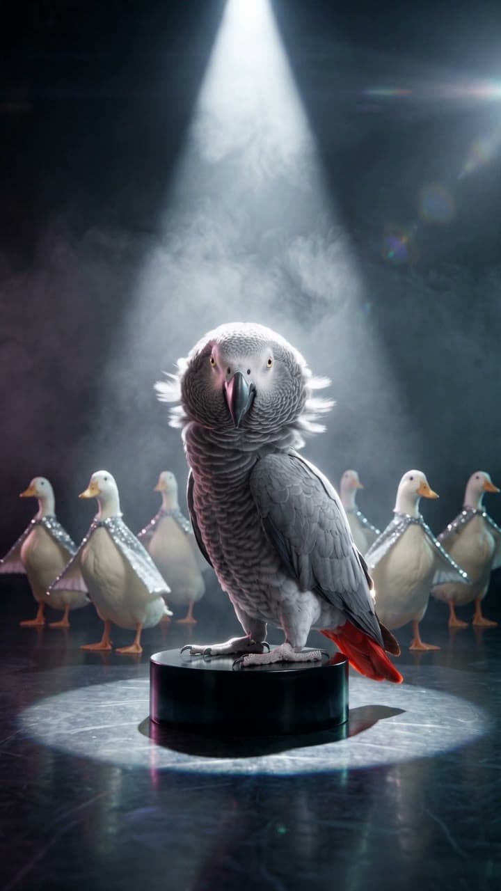 An African grey's hair flip, backed by sequin ducks, a real run on Leap