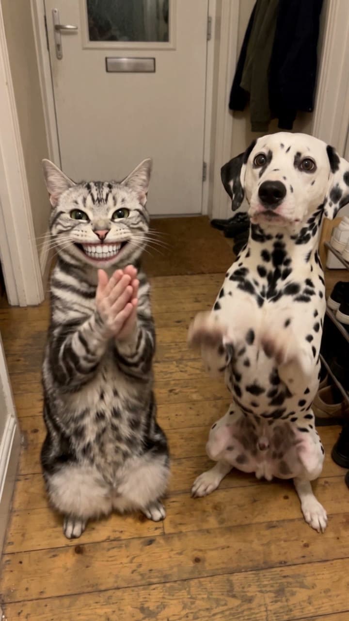 A silver tabby claps with human hands; the Dalmatian joins in, a real run on Leap