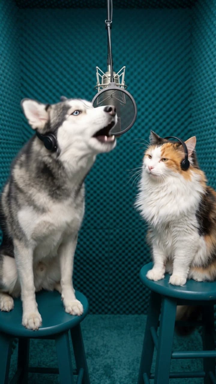 A husky and a calico trade lines in the duet booth, a real run on Leap
