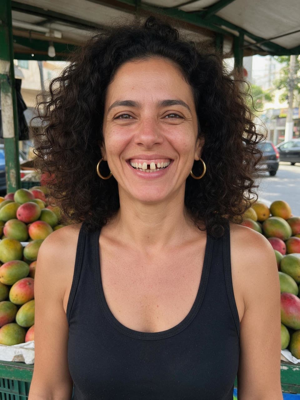 The photo the fruit stand grin, in watercolor started from