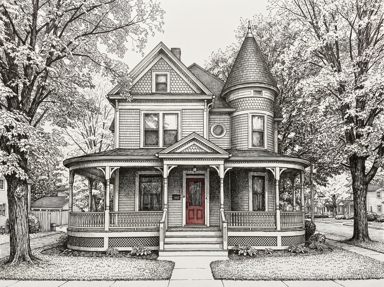 The Victorian house, pen and ink, a real run on Leap
