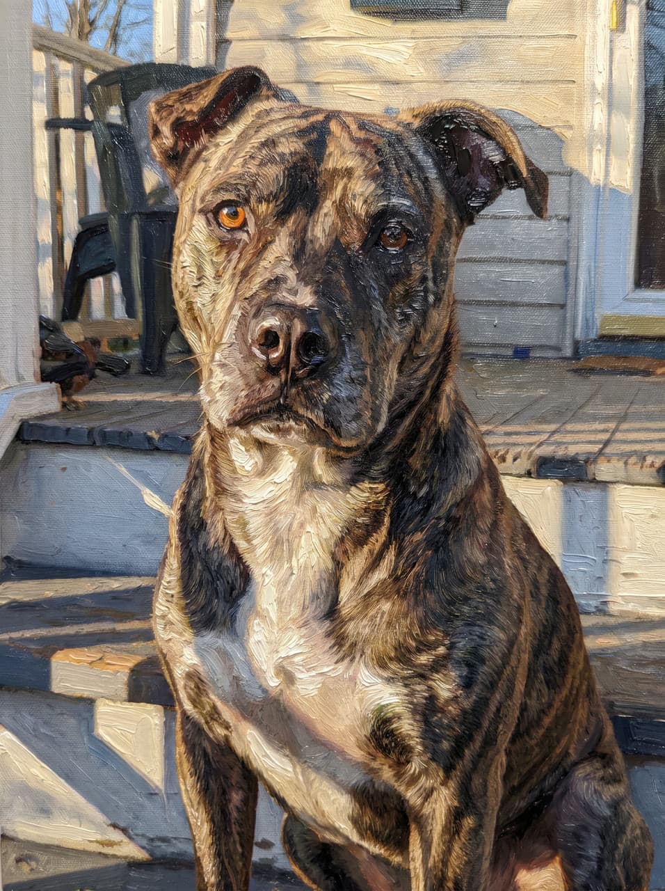 The pit bull on the porch, oil, a real run on Leap