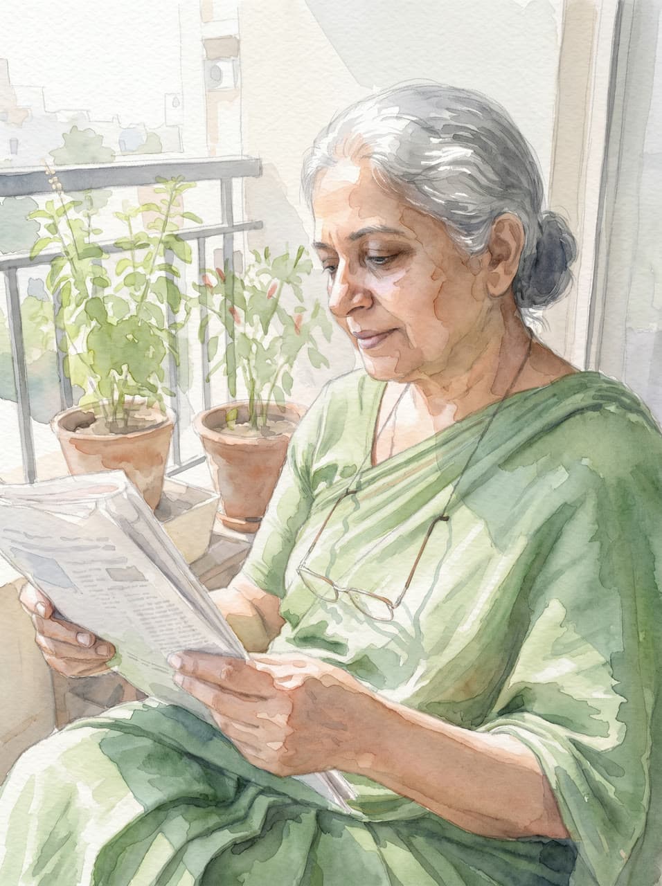 The grandmother on her balcony, watercolor, a real run on Leap
