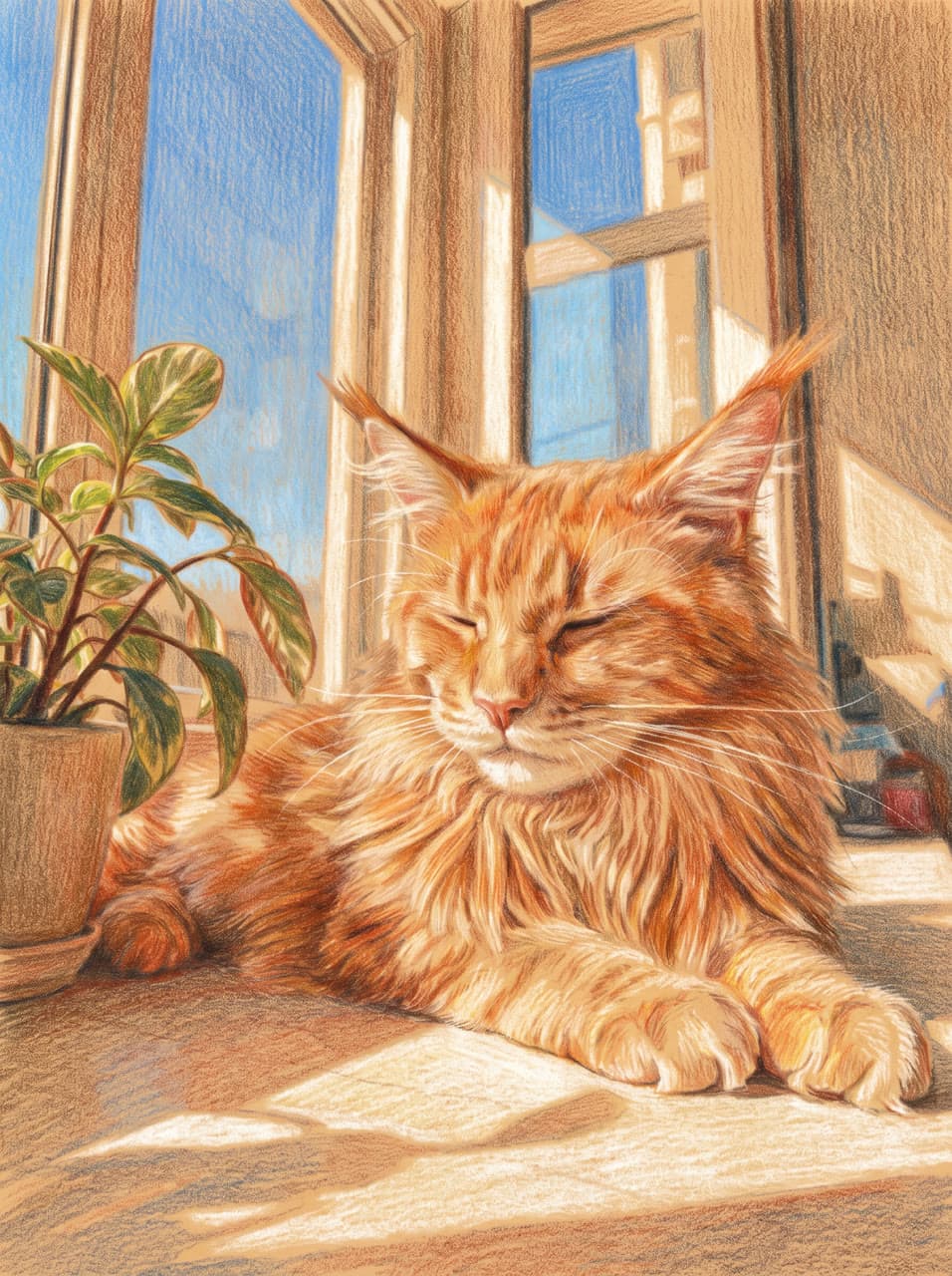 The Maine Coon in the window, colored pencil, a real run on Leap