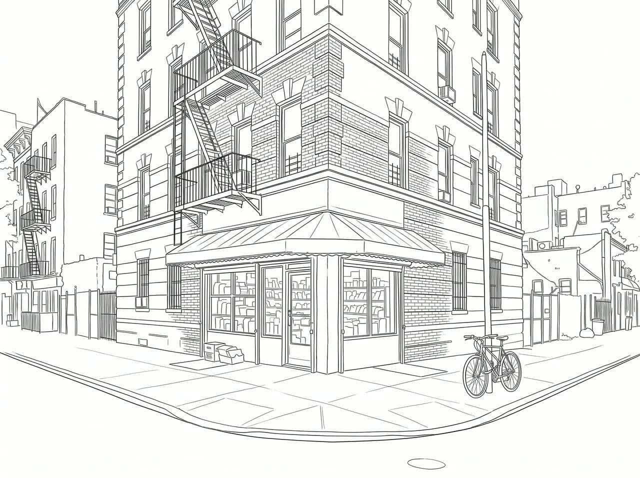 The corner store, line art, a real run on Leap