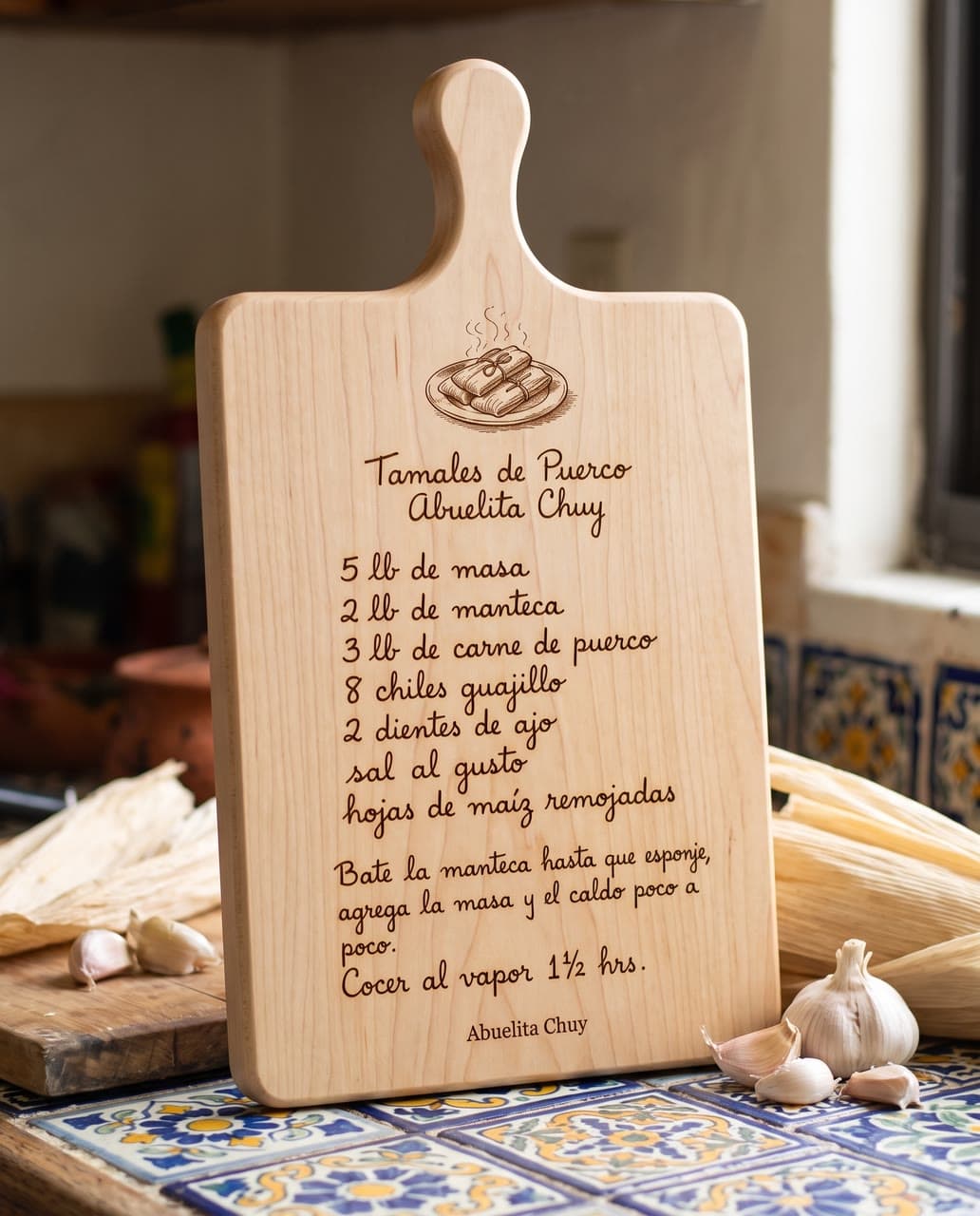 Abuelita Chuy's tamales, engraved on a board, a real run on Leap