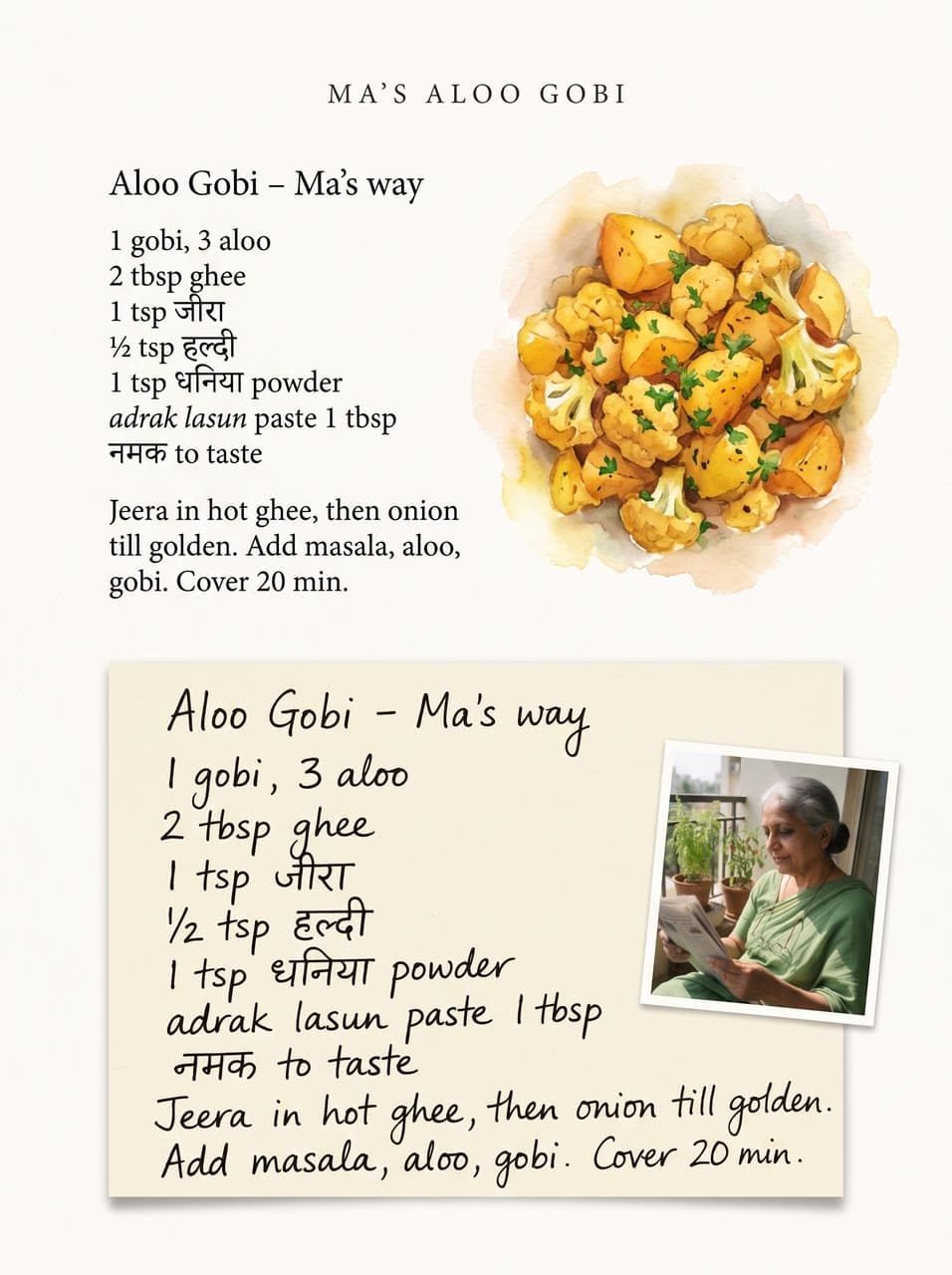 Ma's Aloo Gobi, a cookbook page, a real run on Leap
