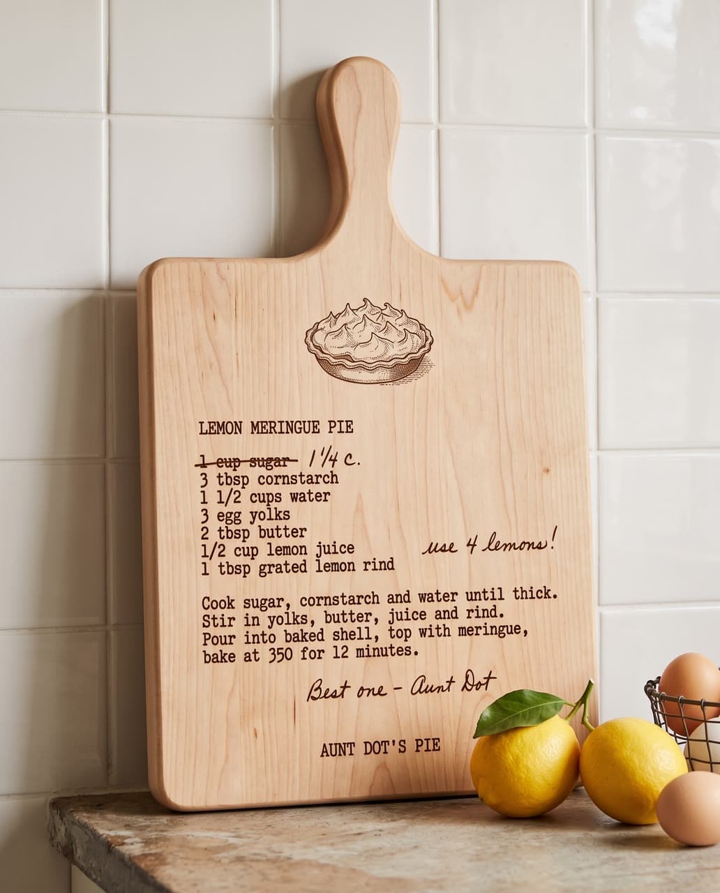 Aunt Dot's Pie, engraved on a board, a real run on Leap
