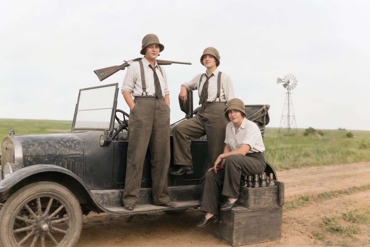 1926 Kansas, three women and a touring car, colorized, a real run on Leap