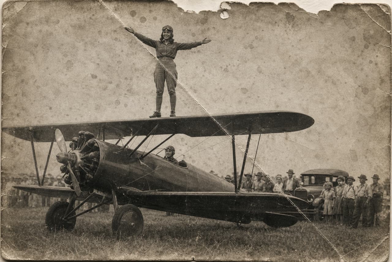 The photo 1930s wing-walker, colorized started from