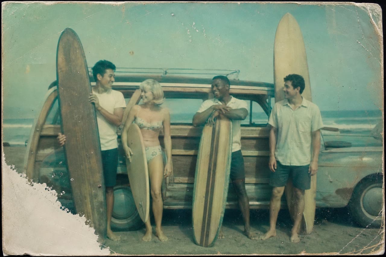 The photo 1966 surfers in california, color brought back started from