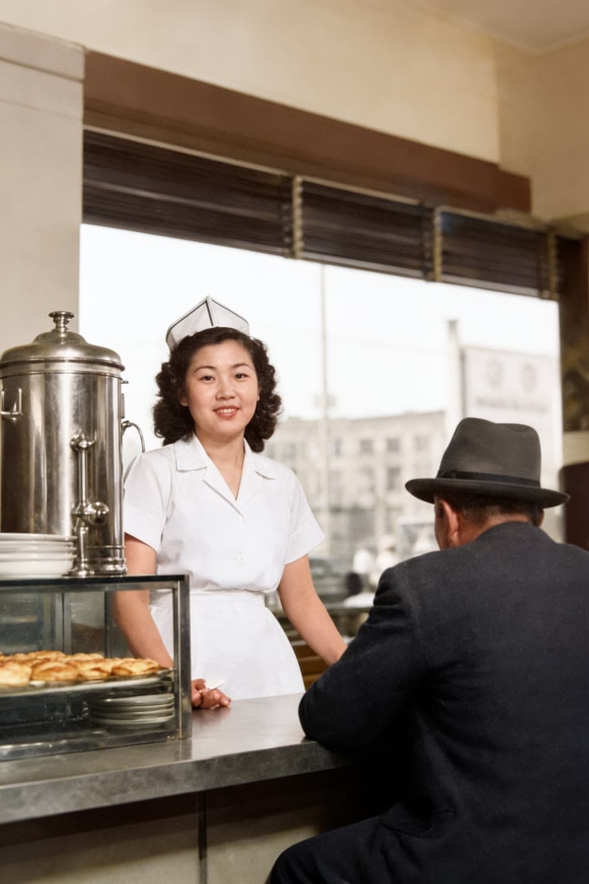1950s diner in San Francisco, colorized, a real run on Leap