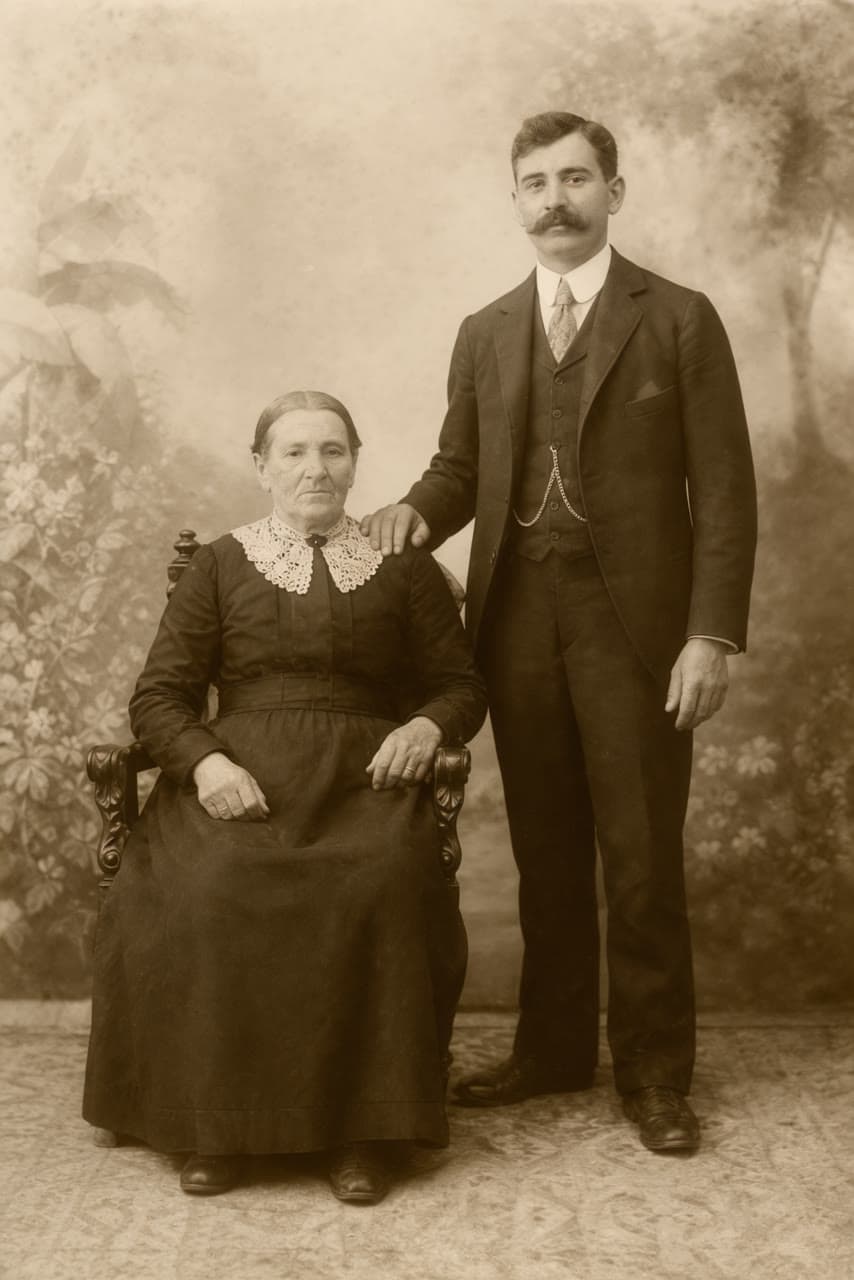 1912 studio portrait, repaired in sepia, a real run on Leap