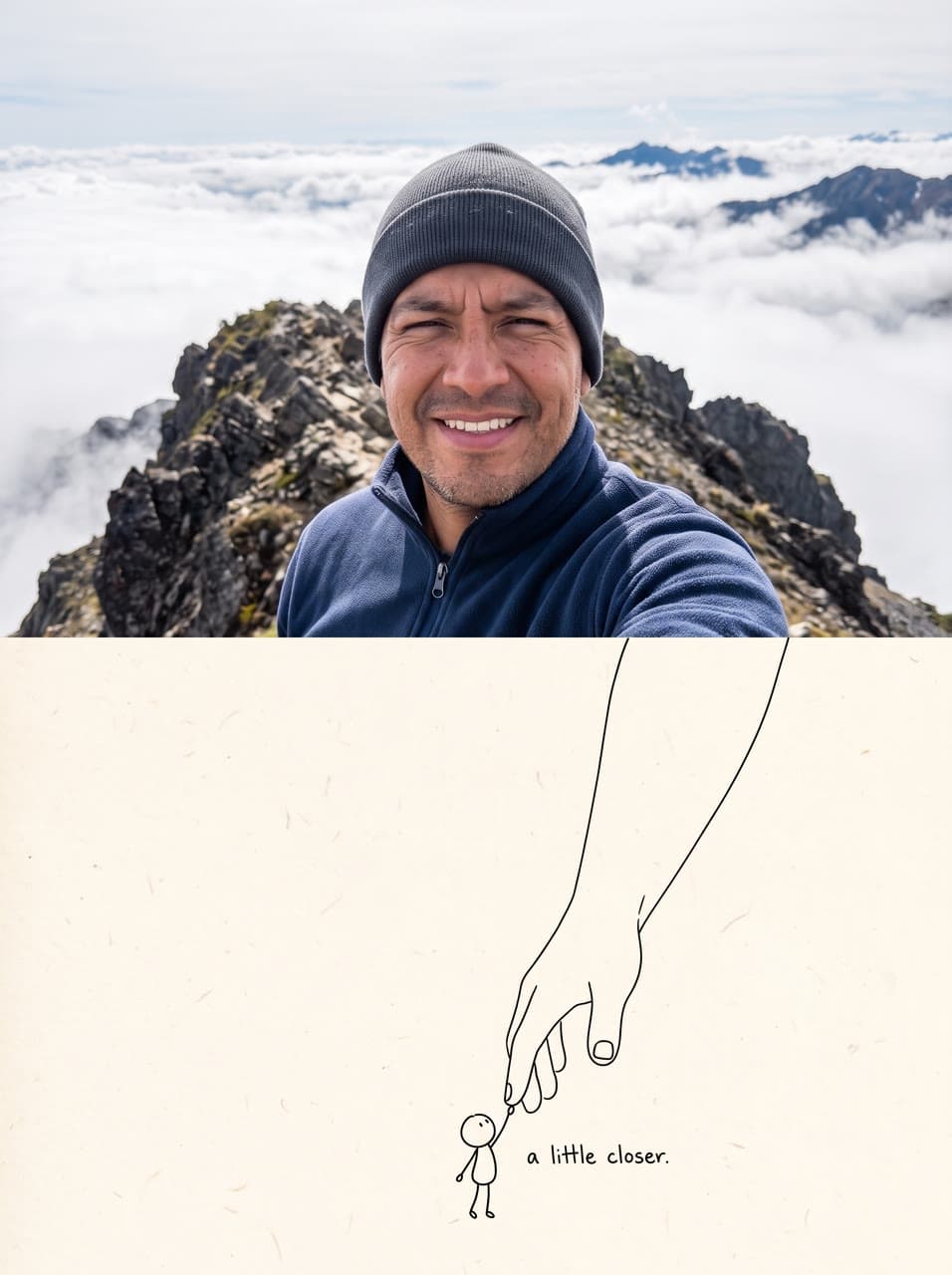 A summit selfie reaching down, a real run on Leap