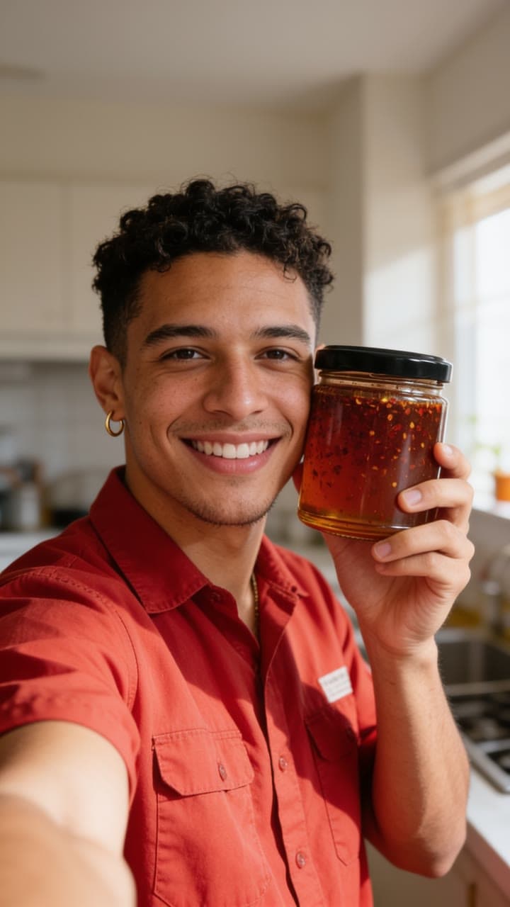 The photo it started from: the same man smiling with the jar