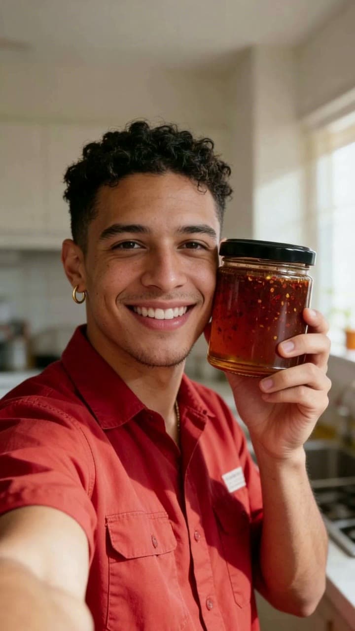 A young man in a red shirt holds a jar of hot honey to the camera in his kitchen and talks