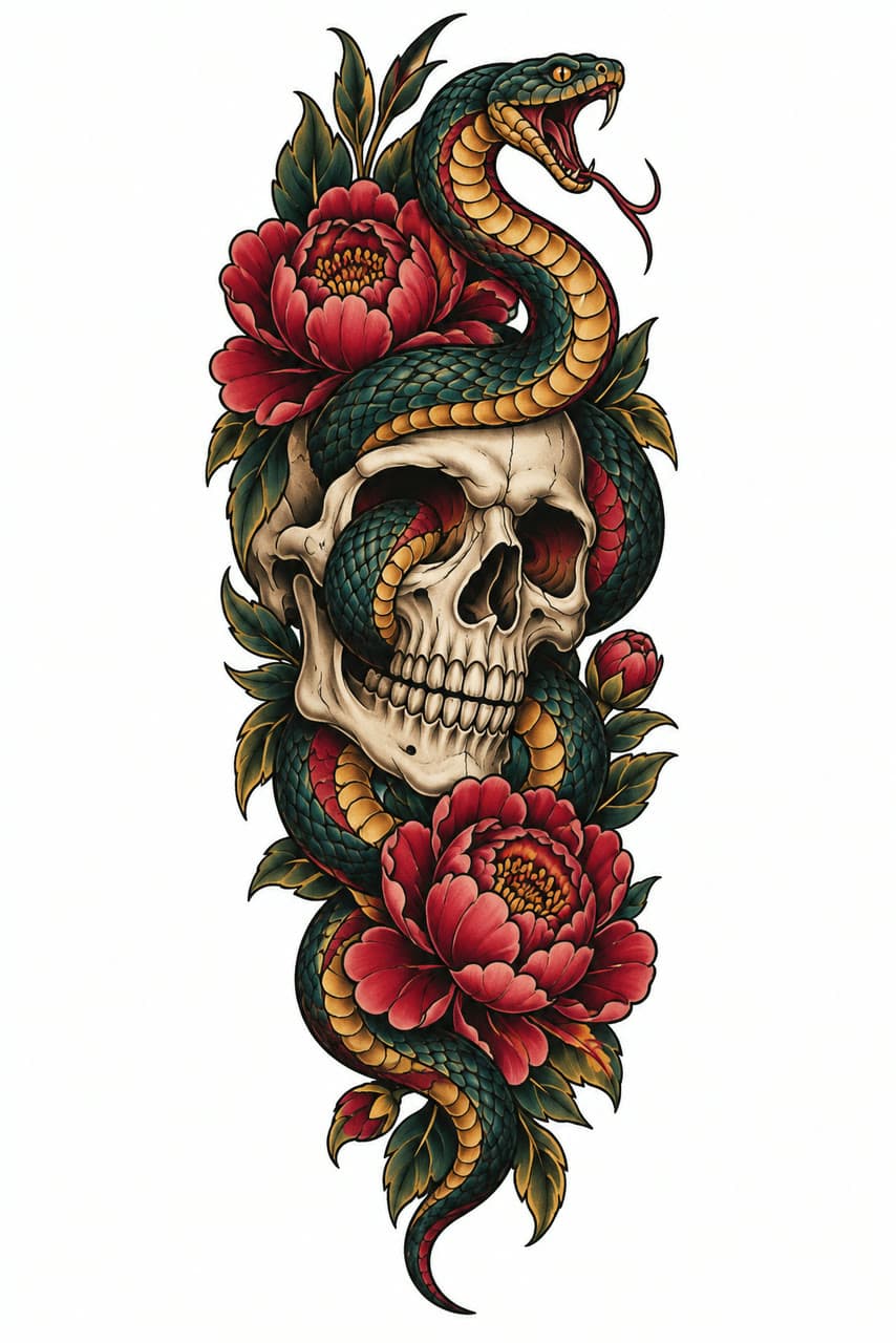 A snake through a skull, with peonies, a real run on Leap