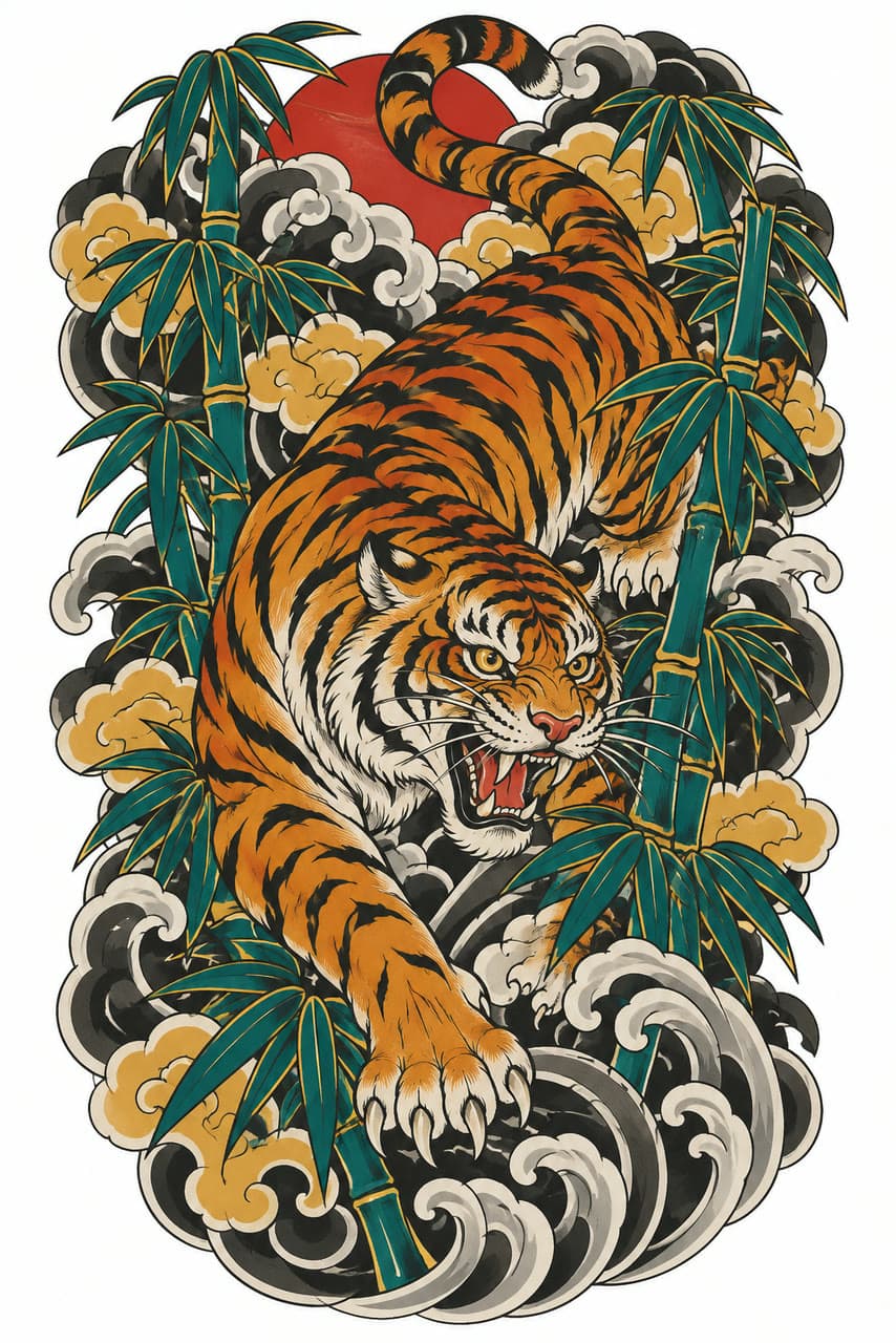 A tiger in bamboo and clouds, Japanese back piece, a real run on Leap