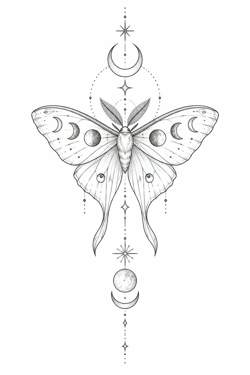 A moth with the phases of the moon, fine line, a real run on Leap