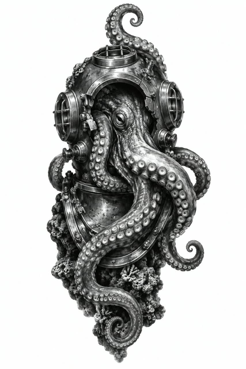 A diving helmet and an octopus, black and grey, a real run on Leap