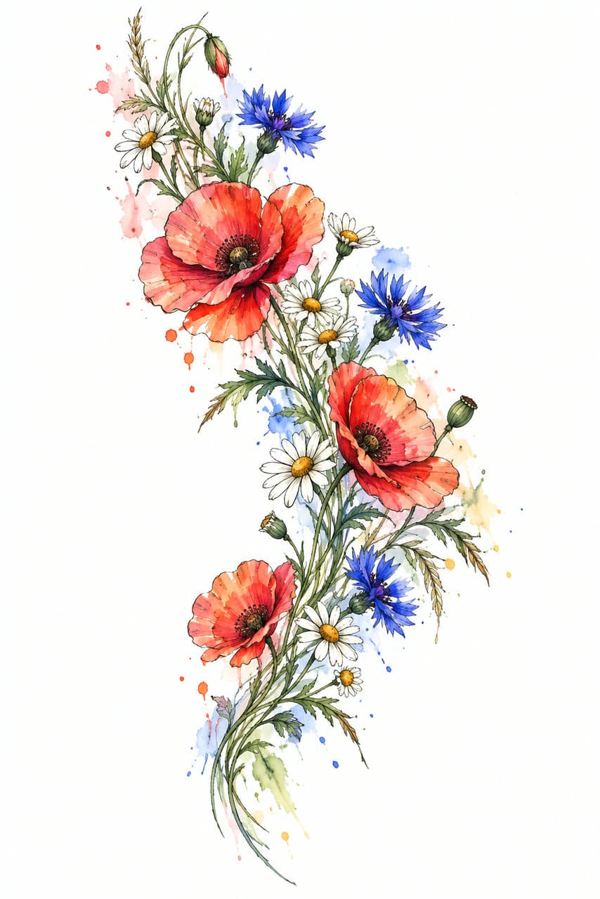Poppies, cornflowers and chamomile, watercolor, a real run on Leap