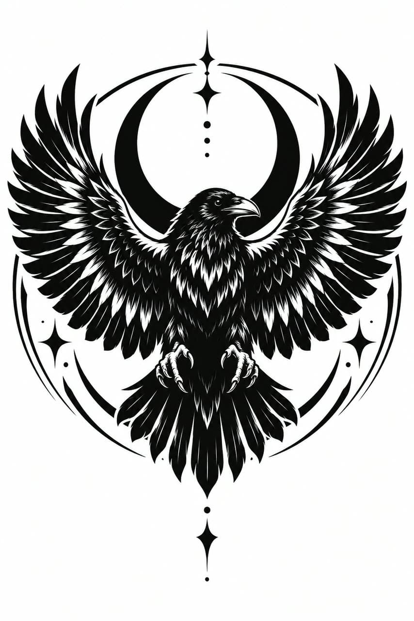 A raven over a crescent moon, blackwork, a real run on Leap