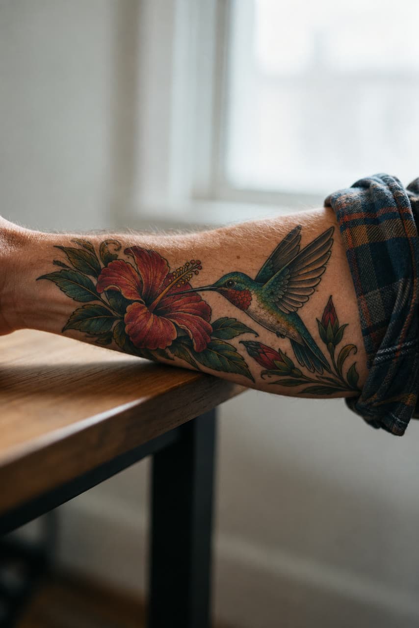 A hummingbird and hibiscus, on a forearm, a real run on Leap