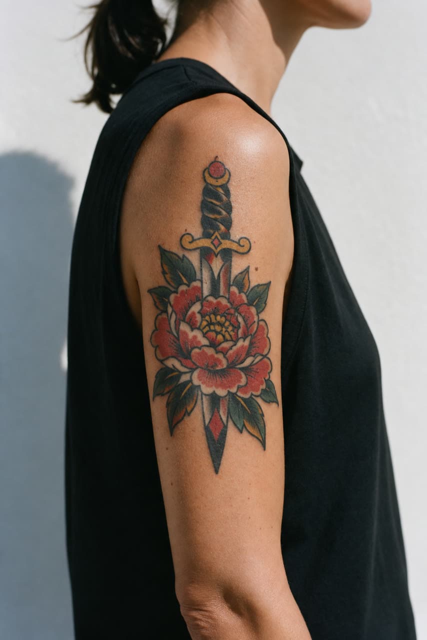 A peony and dagger, on an upper arm, a real run on Leap