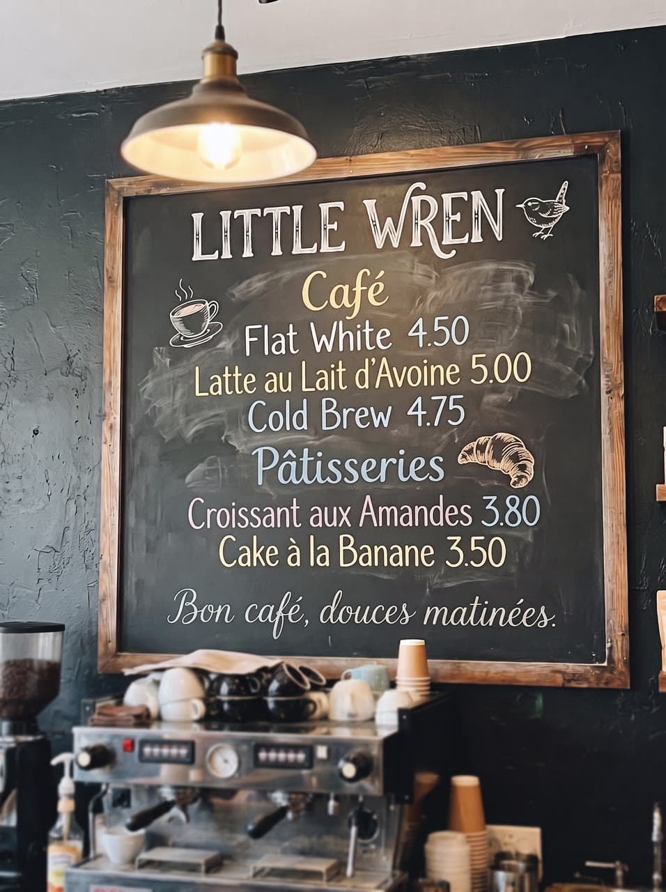 A café chalkboard, in French, a real run on Leap