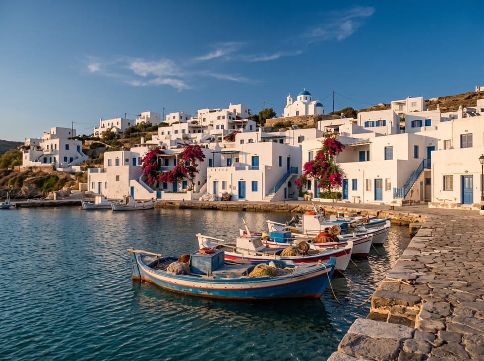 The photo a cycladic harbour, first snow started from