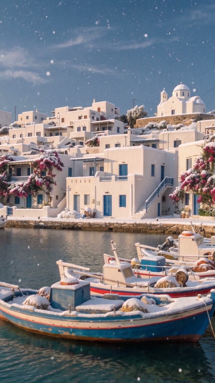 A Cycladic harbour, first snow, a real run on Leap